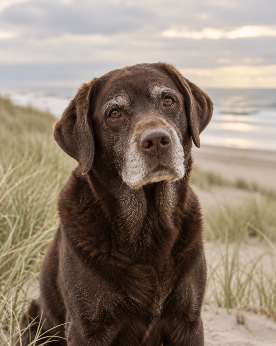 Voorbeeld van een oudere bruine labrador op het strand