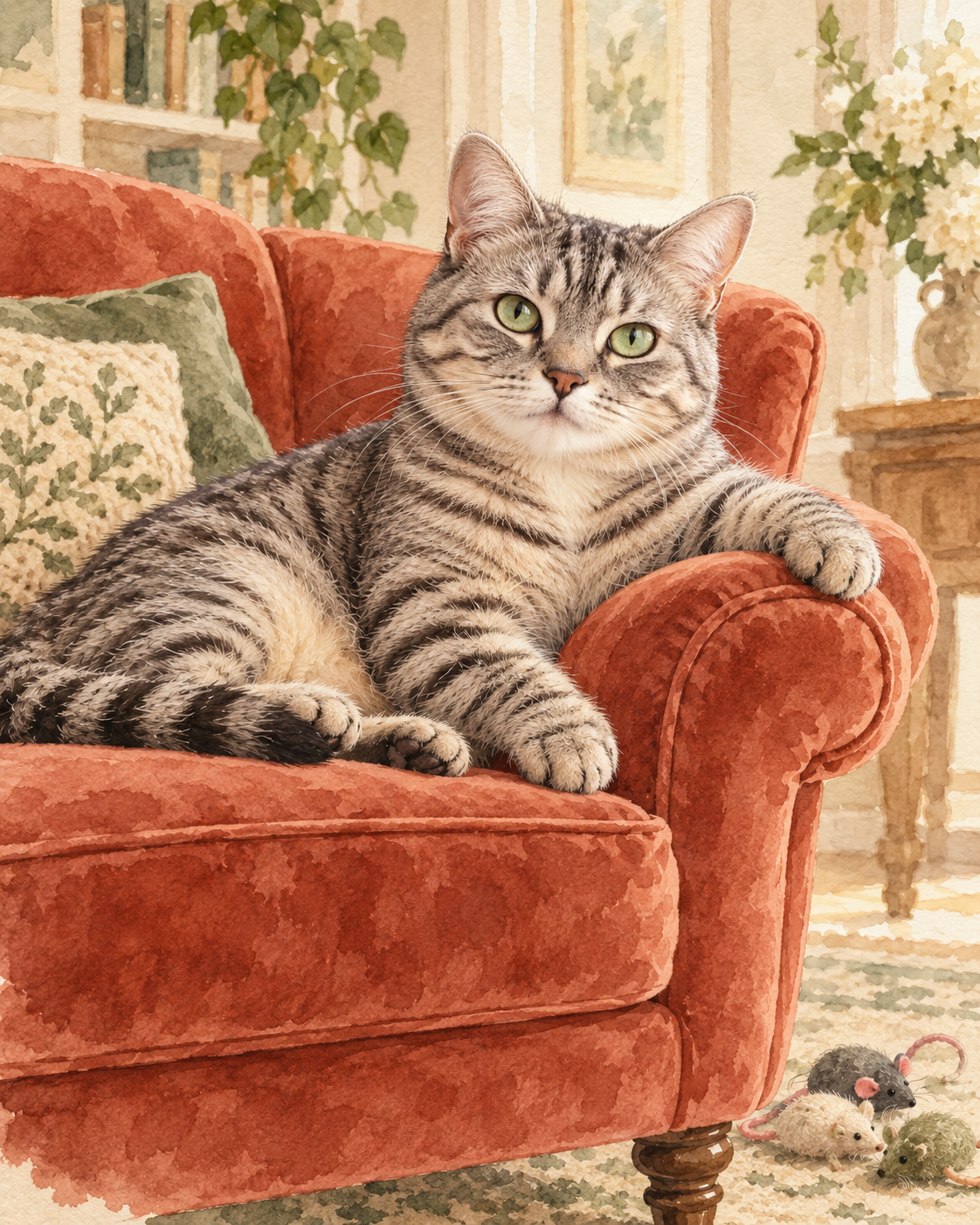 Voorbeeld van een zilvergrijze kat in een terracotta fauteuil in aquarelstijl