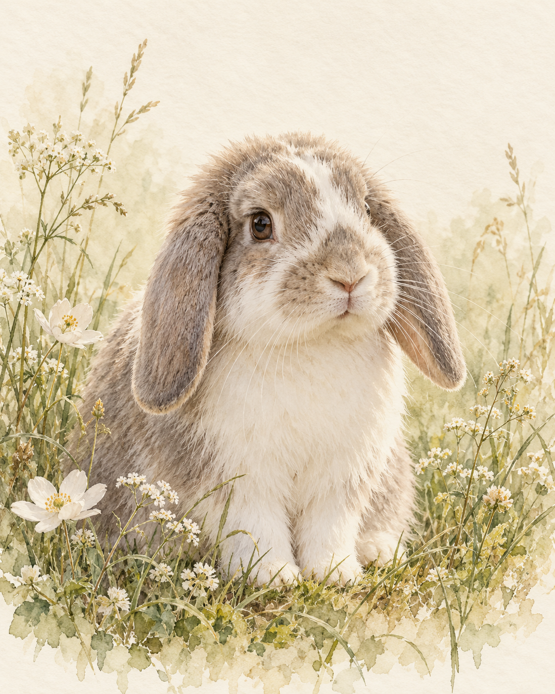 Voorbeeld van een grijs-wit hangoorkonijn tussen witte bloemen in zachte aquarelstijl